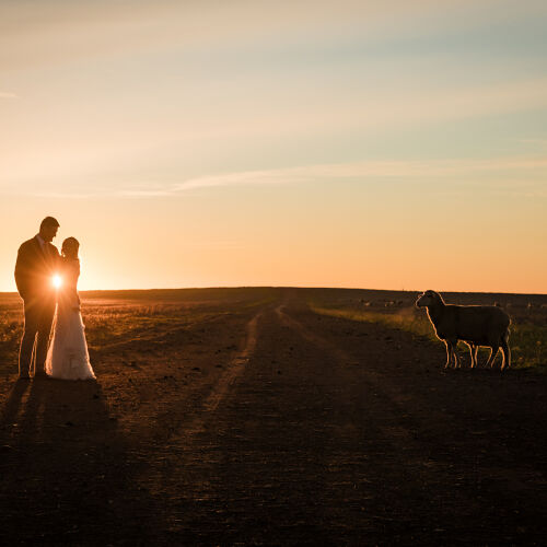 Poročna fotografija: couple embracing at sunset, dirt road golden hour, silhouetted figures backlit, dog standing nearby, expansive flat landscape | Heinrich Knoetze, Cape Town, Južnoafriška republika
