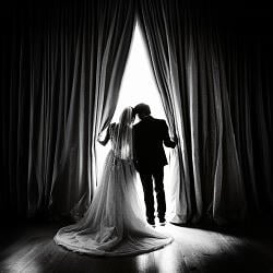 Wedding photo: groom lifting bride's veil, dramatic curtain backdrop, silhouetted couple, high contrast lighting, intimate wedding moment, bride in flowing gown | Peter Schulz, Graz, Austria